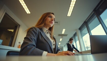 Aufkleber - Professional setting with a focused woman at a desk while a colleague works in the background during office hours
