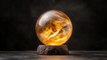 Wall Mural - A beautifully crafted crystal sphere, shimmering with bright inner energy, rests gracefully on a sophisticated wooden base, emanating a sense of tranquility and awe.