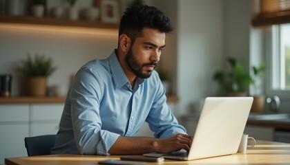 Aufkleber - Young Hispanic man focused on work at home office in bright, modern kitchen during daytime