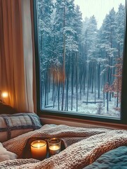 Poster - Inviting bedroom corner with soft bedding and candles overlooking a snow-laden forest out the window : Generative AI