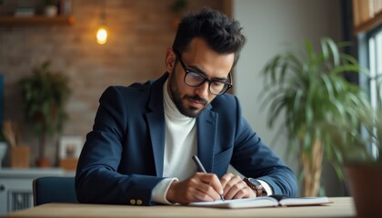 Poster - Young man in formal wear writes notes in a cozy workspace with natural light during the day