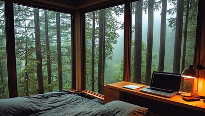 Poster - Serene Bedroom Retreat with Large Windows Overlooking a Calm Forest Rainy View : Generative AI