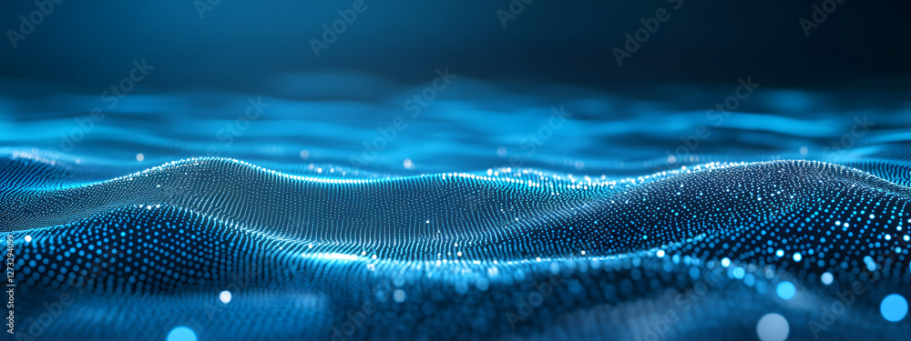 Abstract blue background with glowing dots and wavy lines
