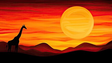 A silhouette of a giraffe against a vibrant sunset with shades of orange and red, set against rolling hills in the background.