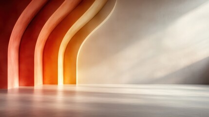 Wall Mural - This image presents a stunning array of curved colored walls that create a smooth and dynamic flow of light, exuding warmth and an inviting aesthetic in any environment.