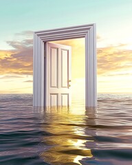 Poster - Surreal doorway rising from the ocean at sunset creating a dreamlike atmosphere : Generative AI