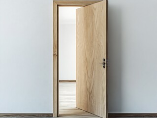 Poster - Beautiful wooden door in an open position revealing a bright minimalist room interior : Generative AI