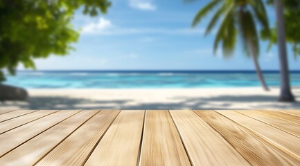 Poster - Wooden table with a blurred tropical beach and palm trees in the background : Generative AI