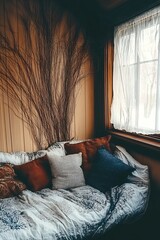 Aufkleber - Stylish corner with soft textiles and warm color palette inviting relaxation : Generative AI
