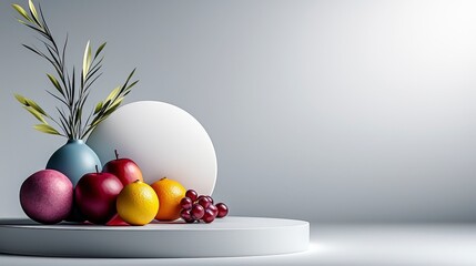 Aufkleber - A stunning arrangement of fruits and vases in a minimalist studio modern still life calm environment artistic concept