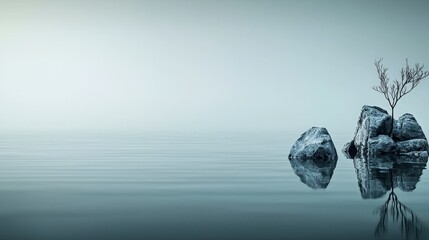 Poster - Serene reflection of rocks and tree in calm water minimalist landscape soft color wash tranquil environment