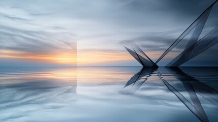 Poster - Converging lines reflecting sunset over calm waters abstract art minimalist design tranquil environment
