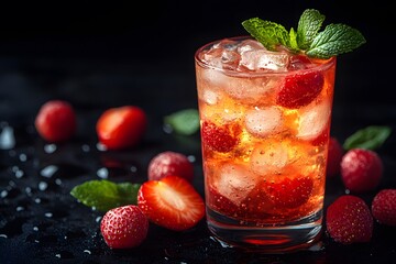 Wall Mural - Refreshing Strawberry Mint Cocktail with Ice on a Dark Background