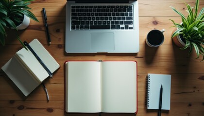 Aufkleber - Birds eye view of a workspace featuring a laptop, notebooks, and coffee cup surrounded by plants in natural light