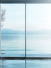 Aufkleber - Minimalist Room with a Panoramic View of Still Waters and Foggy Mountains in the Distance : Generative AI