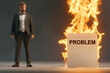 © Apaporn - A businessman stands before a burning box labeled 'PROBLEM', symbolizing stress and challenges in the workplace.