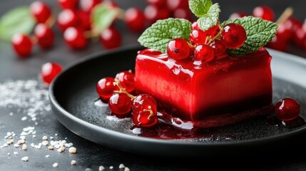 A beautifully arranged red jelly dessert topped with fresh berries and mint, showcasing a delectable treat suitable for gourmet presentations and food photography.