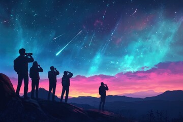 Wall Mural - group of people using binoculars to observe a meteor shower, lively and dynamic atmosphere, colorful