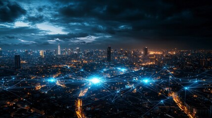 Poster - Energy democratization concept in urban landscape city skyline digital connectivity night view