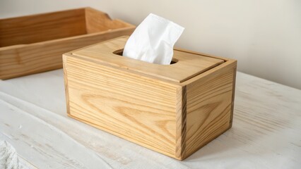 Wall Mural - Wooden Tissue Box on White Background