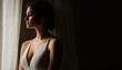 © N0X - A profile of a woman in a delicate, shimmering gown, gazing thoughtfully out a window, illuminated by soft, natural light.