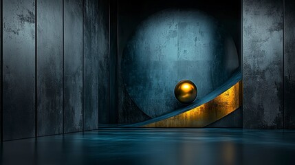 Fototapete - Dynamic golden sphere modern architectural space digital artwork minimalist environment abstract view depth concept