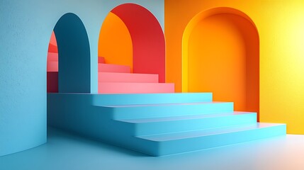 Canvas Print - Colorful staircase with arches in light pastel colors for interior or architectural use