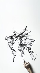 A hand drawing an airplane flying over a world map on a white background, illustrating efficient global operations, travel logistics, and international commerce