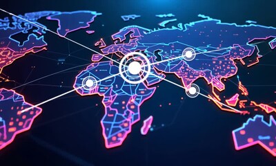 Global network connections, data flow, world map background, technology