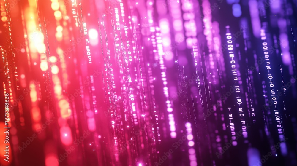 A vibrant technology background featuring a glowing binary code rain effect