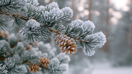 Sticker - Frost-covered pine branch with cone in winter forest background for nature photos