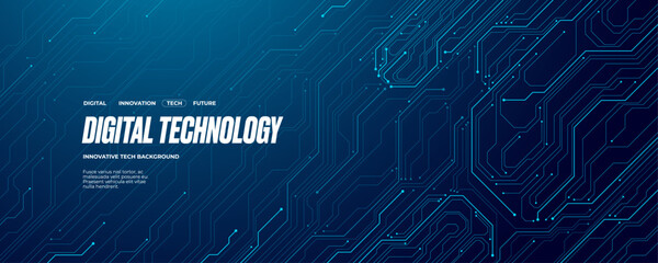 Fototapete - Abstract circuit board wires in light blue on dark navy technology background. AI banner concept. Futuristic Artificial Intelligence tech bg. Digital line pattern. Computer Vector illustration.