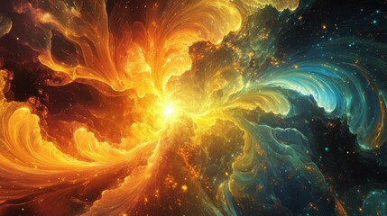 Wall Mural - bright glowing explosion of golden dust, scattering and shimmering with vibrant energy, creating a p