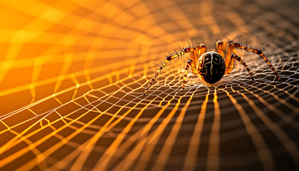Wall Mural - Macro photography science. Spider on web with a warm, golden background.