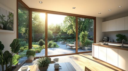 Wall Mural - Sunny modern kitchen with garden view, sliding doors open