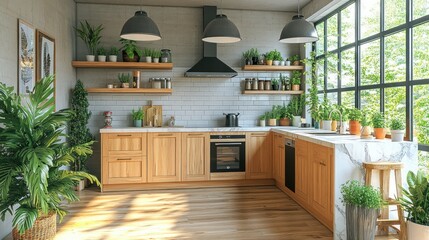 Wall Mural - Sunny, modern kitchen with plants, corner design, sunlight streaming through large windows