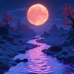 Wall Mural - pink moonlit river, mountains, fantasy, night, glow, calm, peaceful, digital art, wallpaper