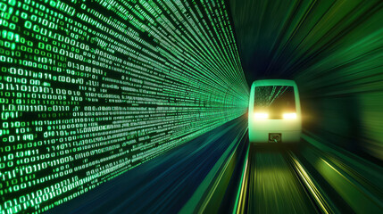 futuristic train traveling through digital tunnel of green binary code