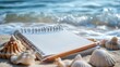 © James - Spiral sketchbook and sharpened pencils resting by seashells waves softly lapping the shore