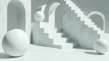 White stairs and spheres in minimal architectural design