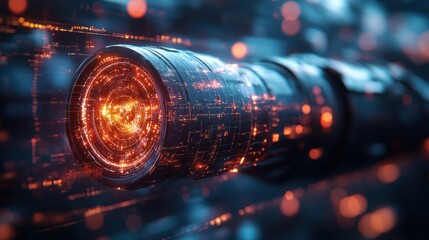 Futuristic lens, data stream, city bokeh, digital art, tech concept