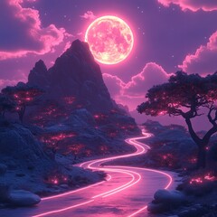 Wall Mural - pink moonlit road winding through glowing mountain landscape