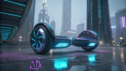 Futuristic Hoverboard on Wet City Street