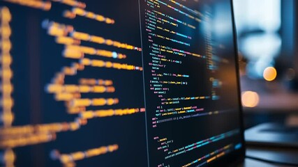 A close-up of code displayed on a computer screen, showcasing programming and technology.