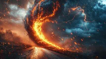 Wall Mural - Fiery twister over highway, dramatic storm, apocalyptic scene