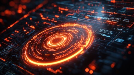 Futuristic interface activating; digital data streams, dark background; tech concept