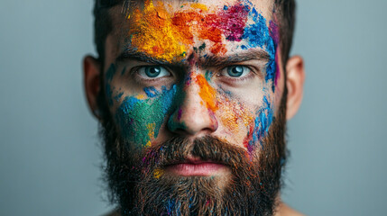 Intense portrait of a man with vibrant paint splattered on his face, showing a mix of artistic expression and emotional depth.