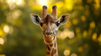 Close-up of a giraffe's head and neck against a blurred, bokeh-filled background, showing its beautiful patterns and unique features.