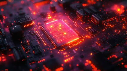 Wall Mural - glowing cpu on circuit board, data center, red light