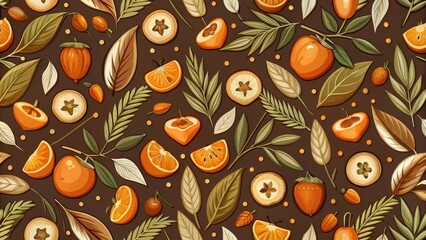 Wall Mural - Autumnal Citrus and Persimmon Seamless Pattern Design Featuring Vibrant Orange Hues and Lush Foliage